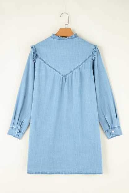 Denim Ruffle V-Neck Buttoned Dress