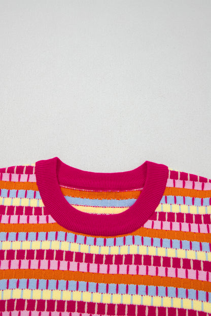 Abstract Stripe Short Sleeve Sweater Knit Top