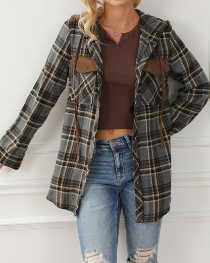 Plaid Contrasting Hood Pocketed Shacket