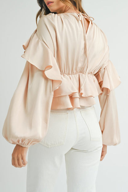 Ruffle Keyhole Back Peplum Blouse