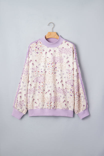 Floral Colorblock Mock Neck Stripe Long Sleeve Sweatshirt