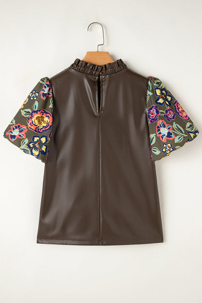 Floral Leatherette Bubble Sleeve Blouse