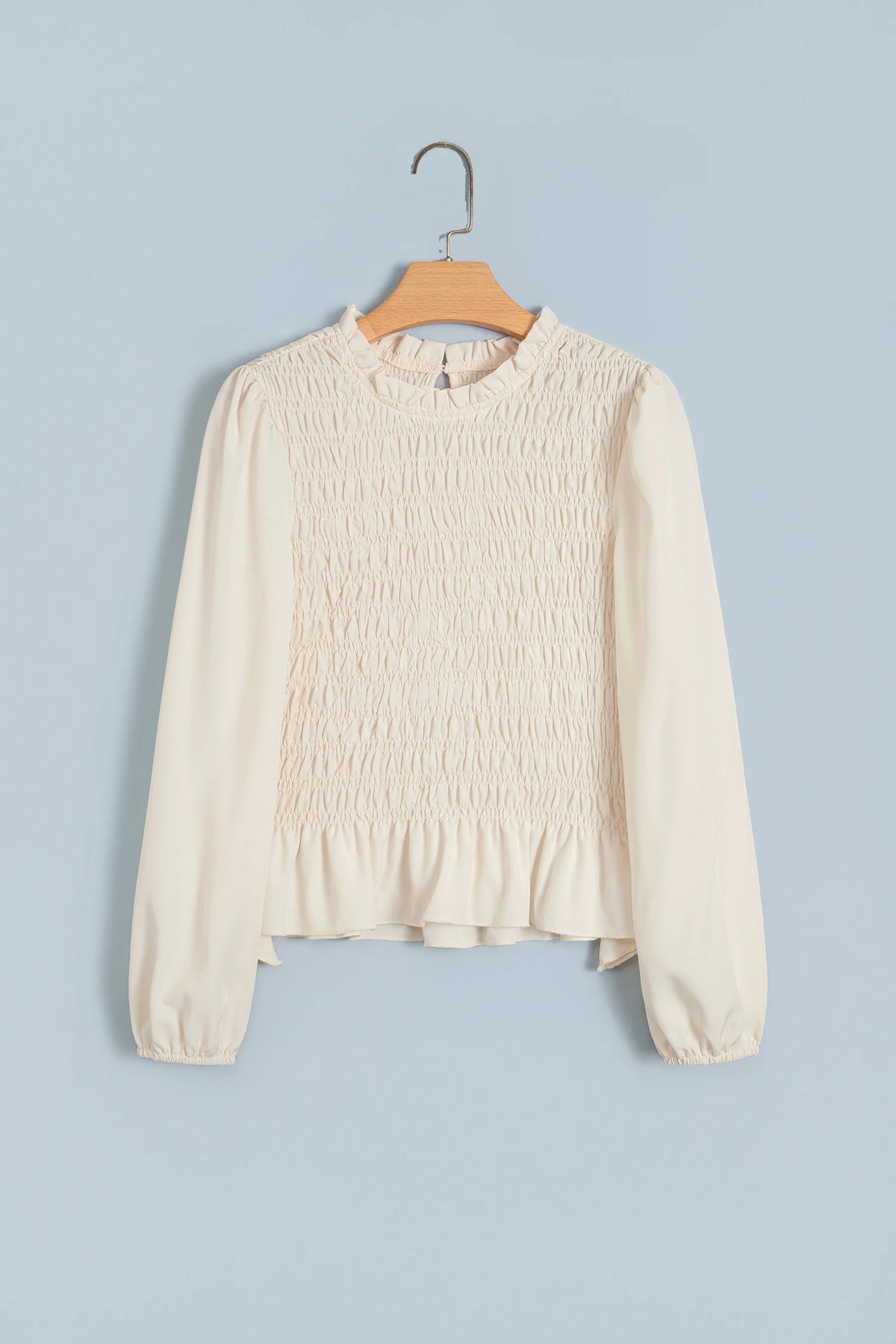Solid Smocked Ruffle Hem Long Sleeve Blouse