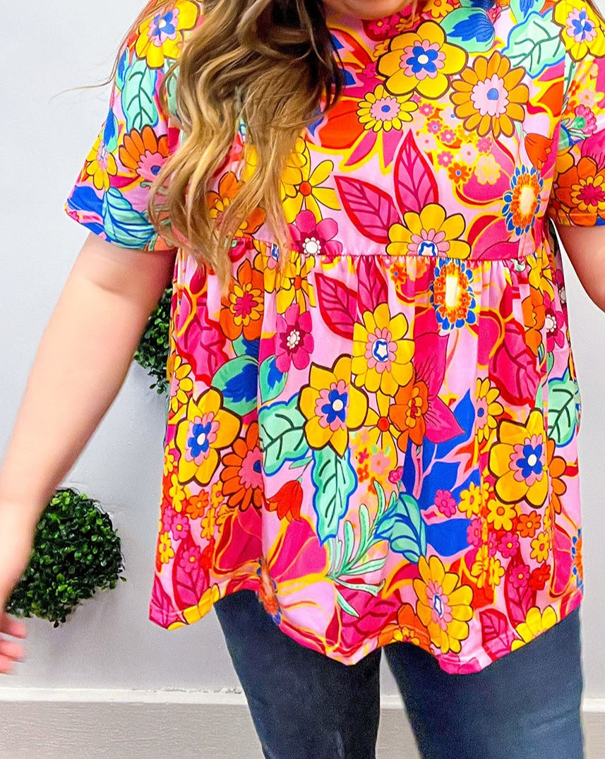 Floral Short Sleeve Babydoll Blouse Plus Size