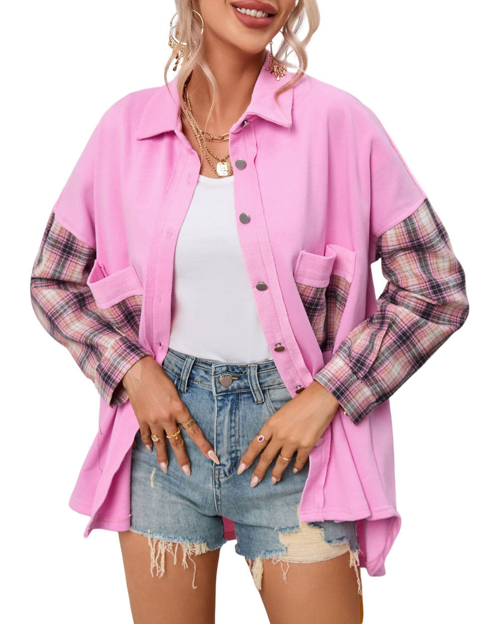 Plaid Patchwork Oversized Shirt Jacket