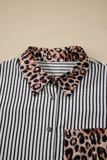 Stripe Leopard Patchwork Long Sleeve Buttoned Shirt