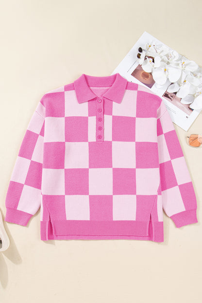 Plus Size Checker Collared Half-Button Henley Sweater
