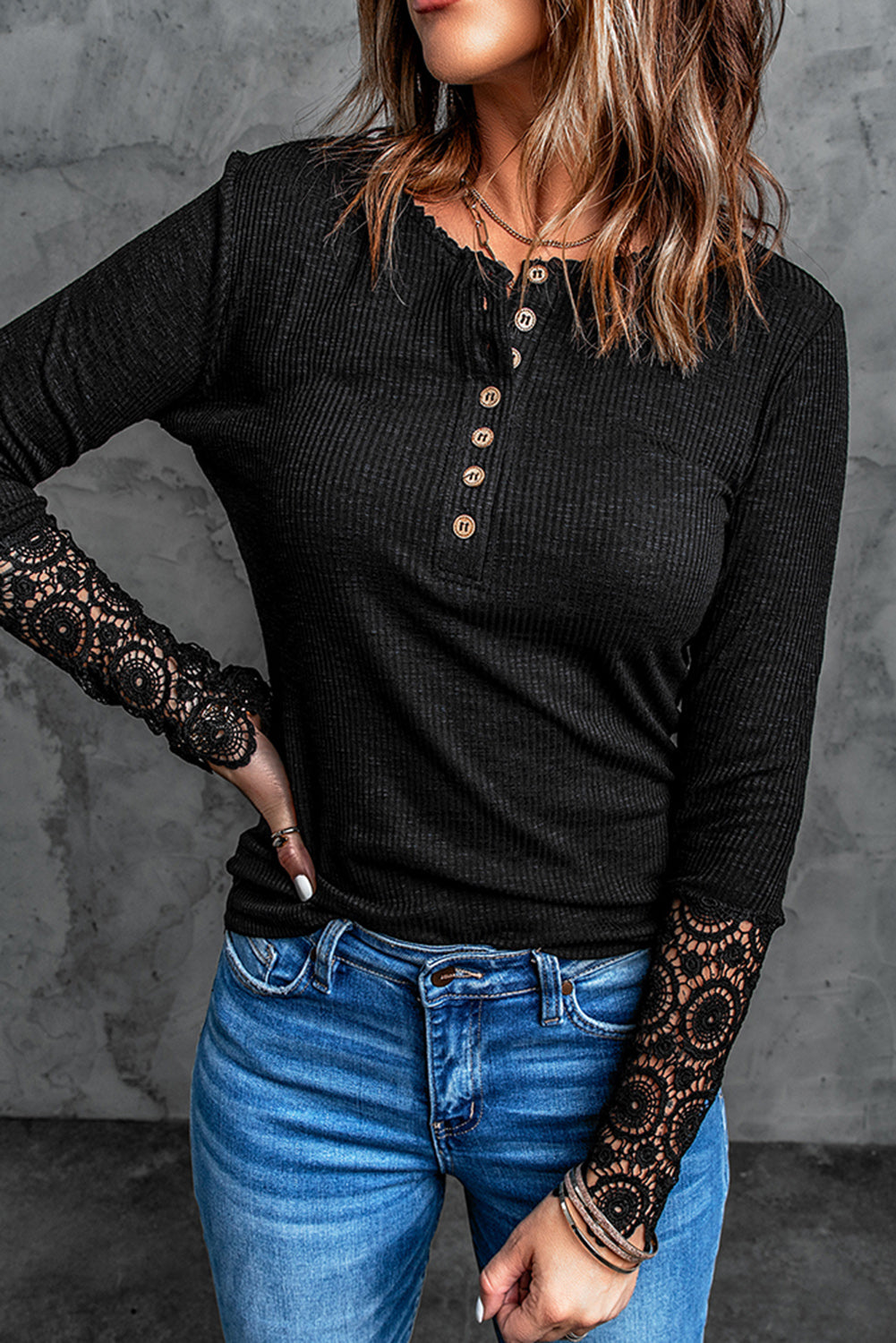 Crochet Lace Sleeve Henley Top