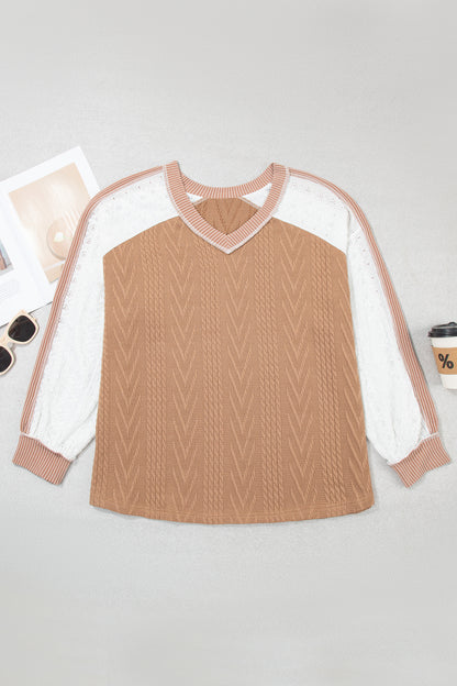 Plus Size Colorblock Lace Patchwork Long Sleeve Blouse