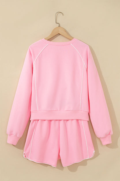 Contrast Trim Long Sleeve Pullover & Shorts Set