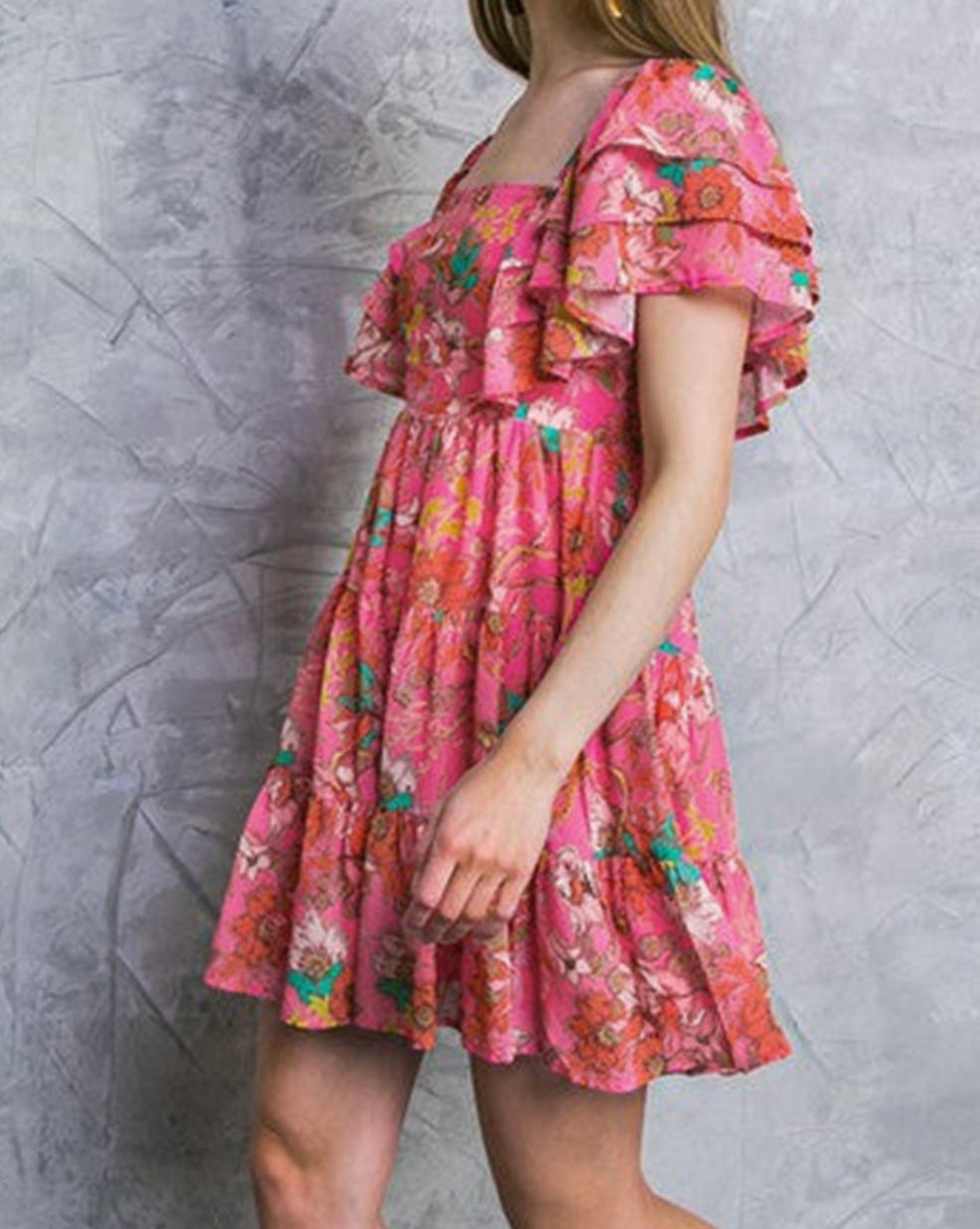 Floral Ruffle Sleeve Tiered Dress