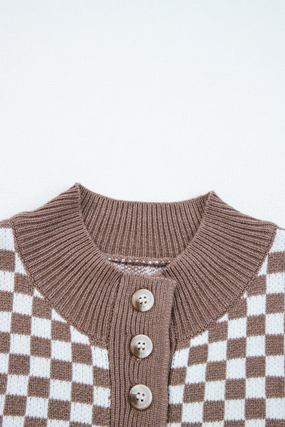 Checker Ribbed Trim Half-Button Sweater