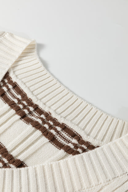 Geometric Textured V-Neck Cropped Sweater Top