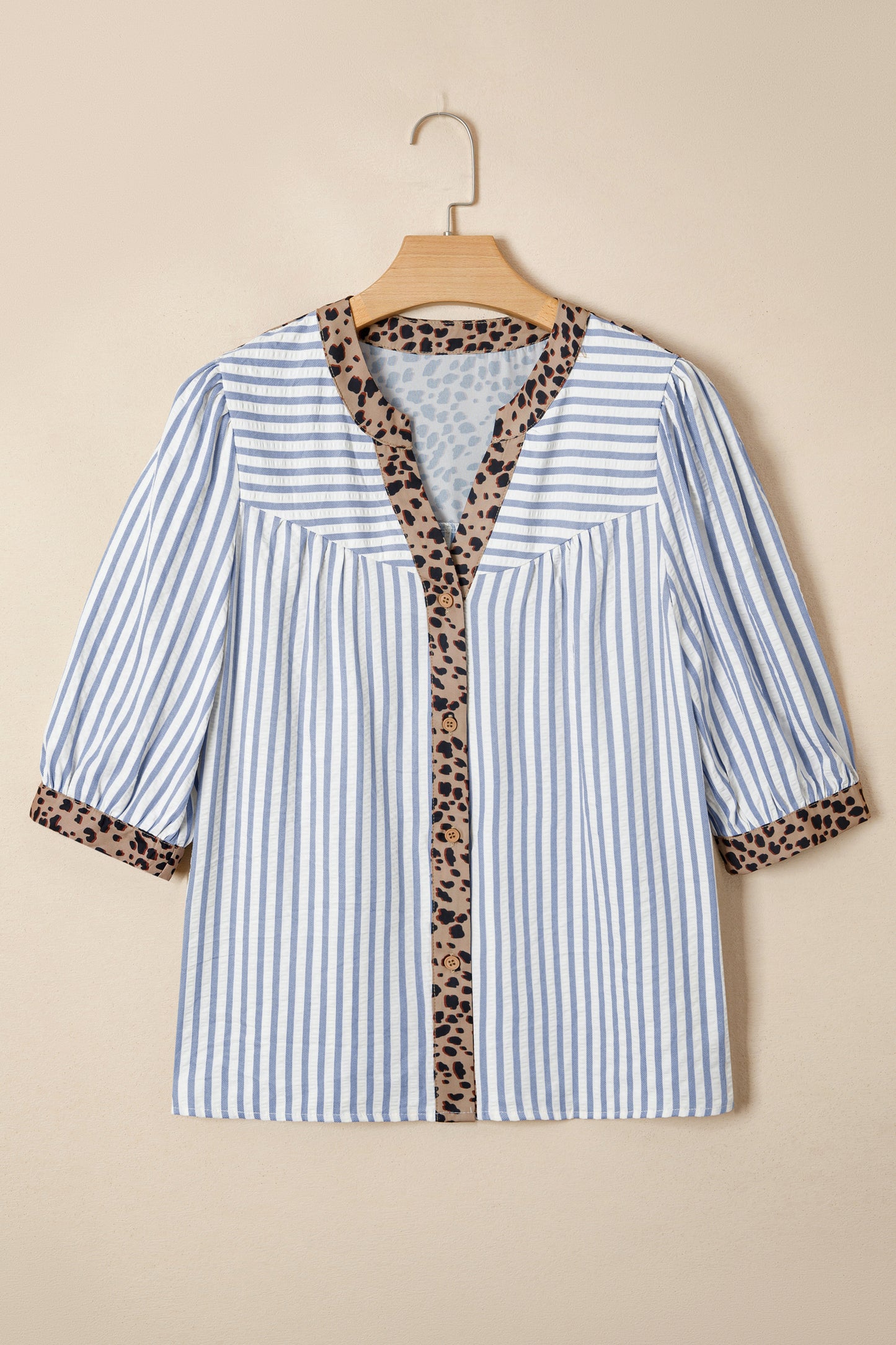 Stripe Leopard Trim V-Neck Buttoned Short Sleeve Shirt