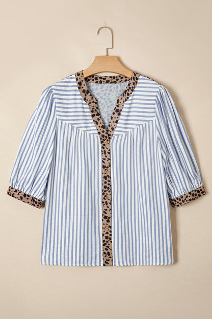 Stripe Leopard Trim V-Neck Buttoned Short Sleeve Shirt
