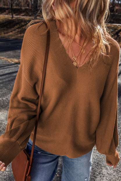 Ribbed Long Sleeve V-Neck Sweater