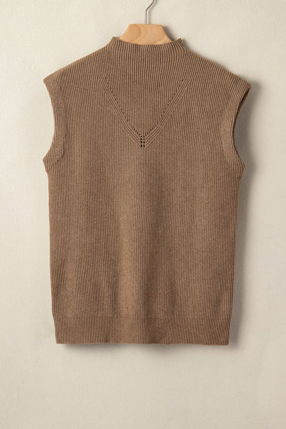 Solid Ribbed Knit Mock Neck Sleeveless Sweater