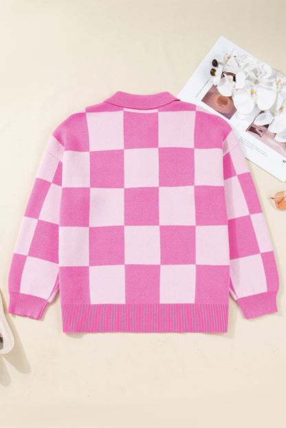 Plus Size Checker Collared Half-Button Henley Sweater