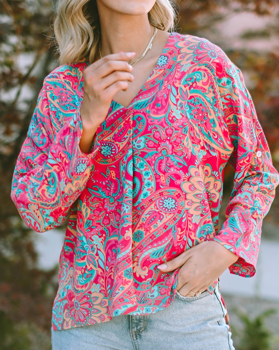 Paisley Tab Sleeve V-Neck Blouse