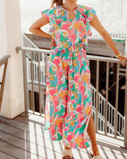 Abstract Floral Ruffle Pants Set