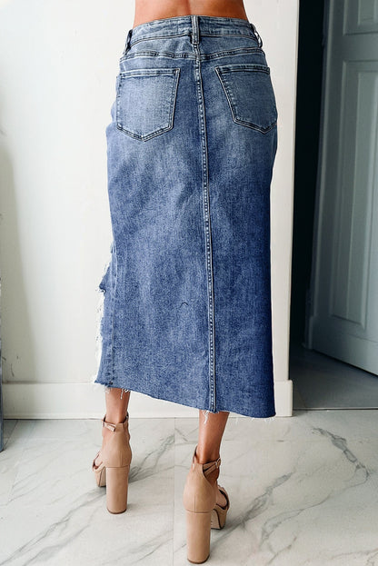 Denim Asymmetrical Distressed Midi Skirt
