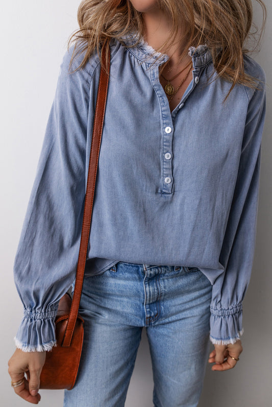 Denim Frilled Raw Edge Buttoned Top