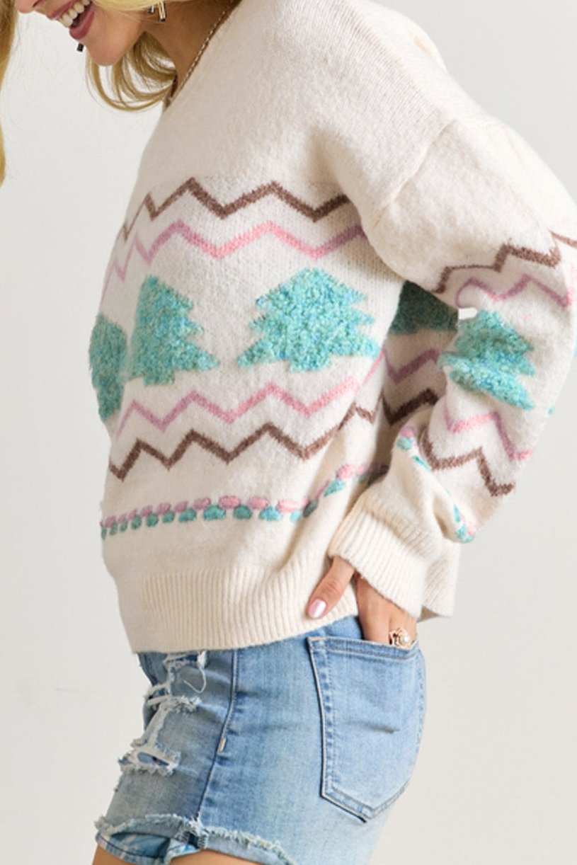 Christmas Tree Stripe Ribbed Trim Sweater