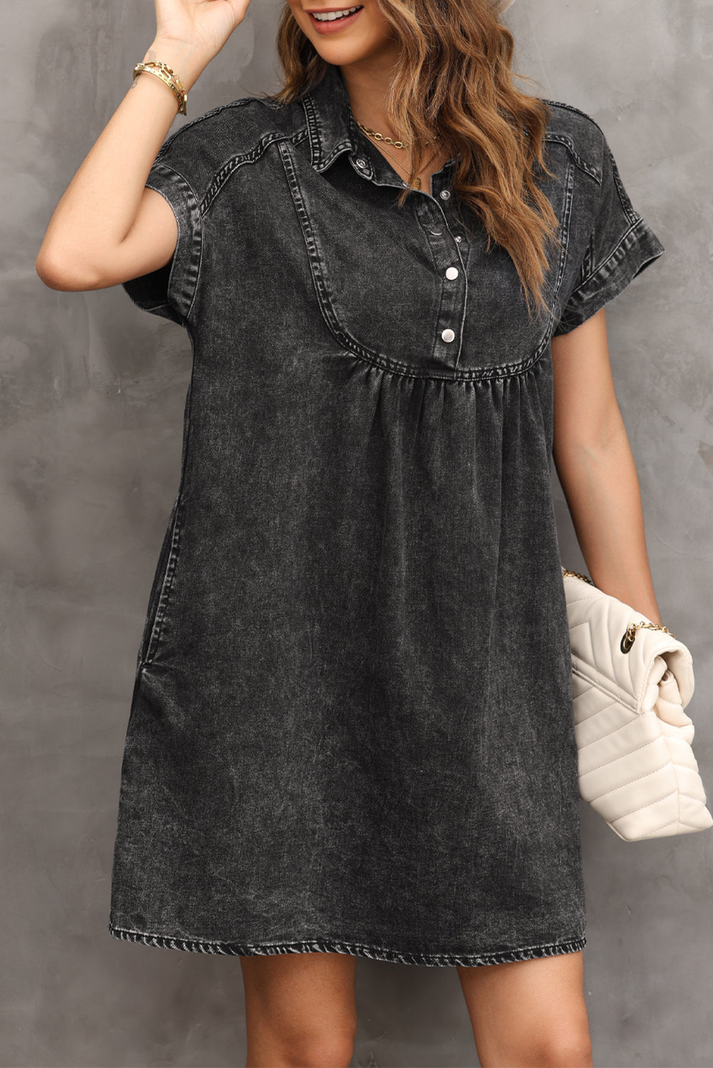 Denim Acid Wash Collared Dress