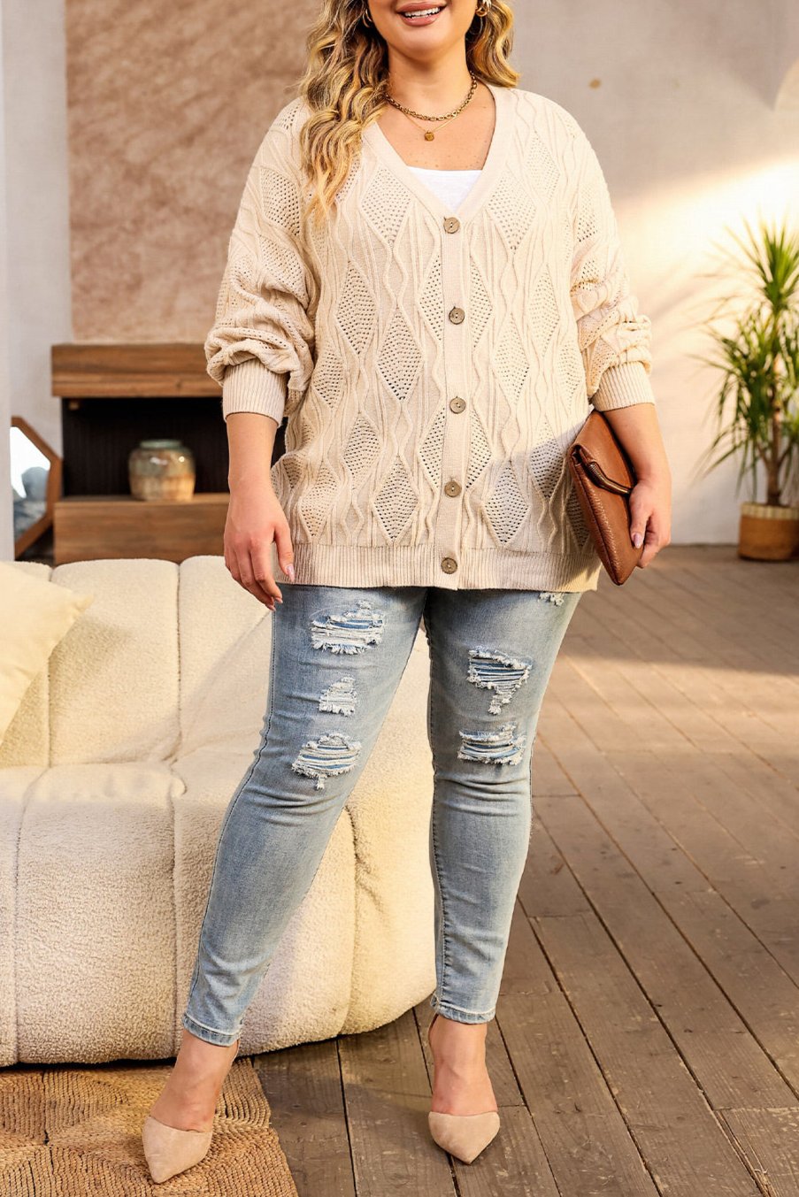 Plus Size Cable Knit Buttoned V-Neck Cardigan