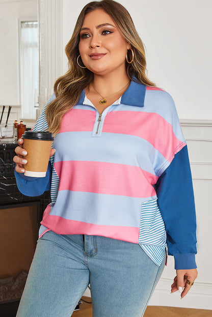 Plus Size Stripe Colorblock Patchwork Half-Zip Top