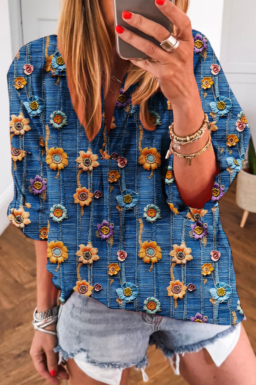 Floral Patchwork Long Sleeve Collared V-Neck Blouse