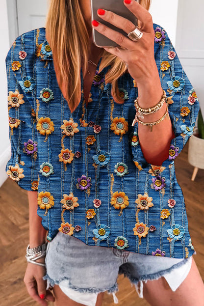 Floral Patchwork Long Sleeve Collared V-Neck Blouse
