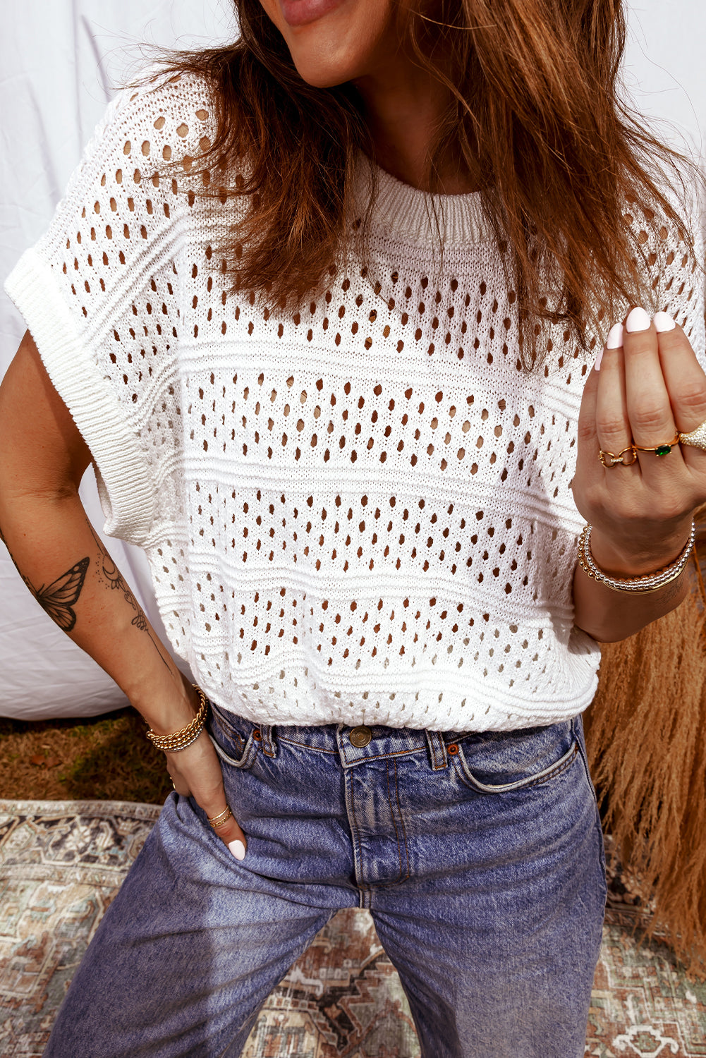 Hollow-Out Knit Round Neck Dolman Sweater