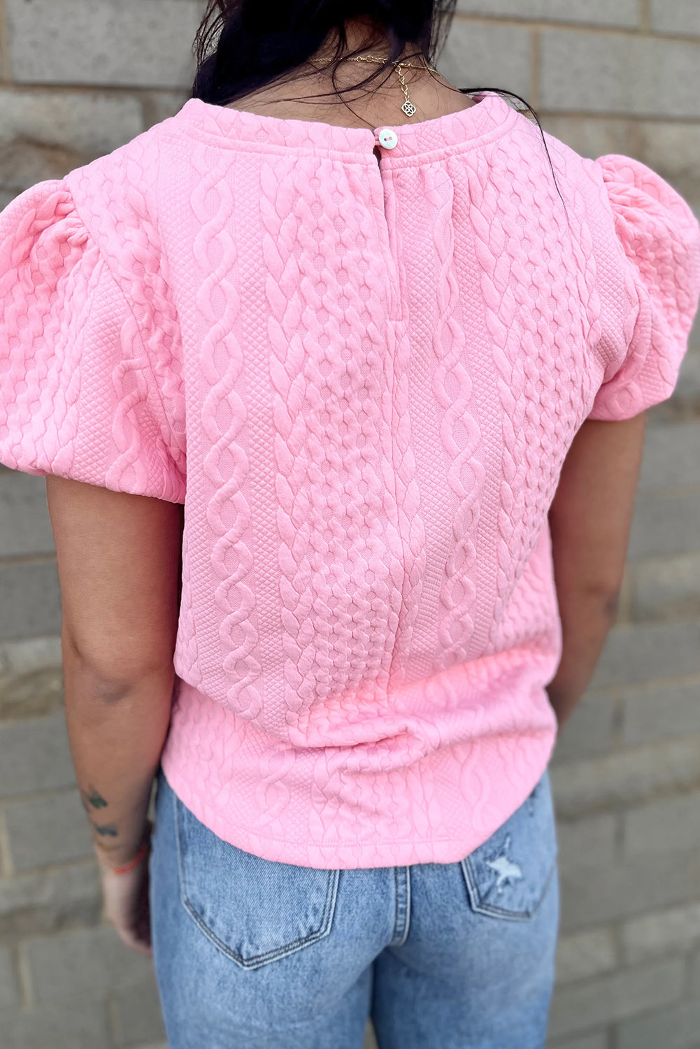 Cable Textured Puff Sleeve T-Shirt