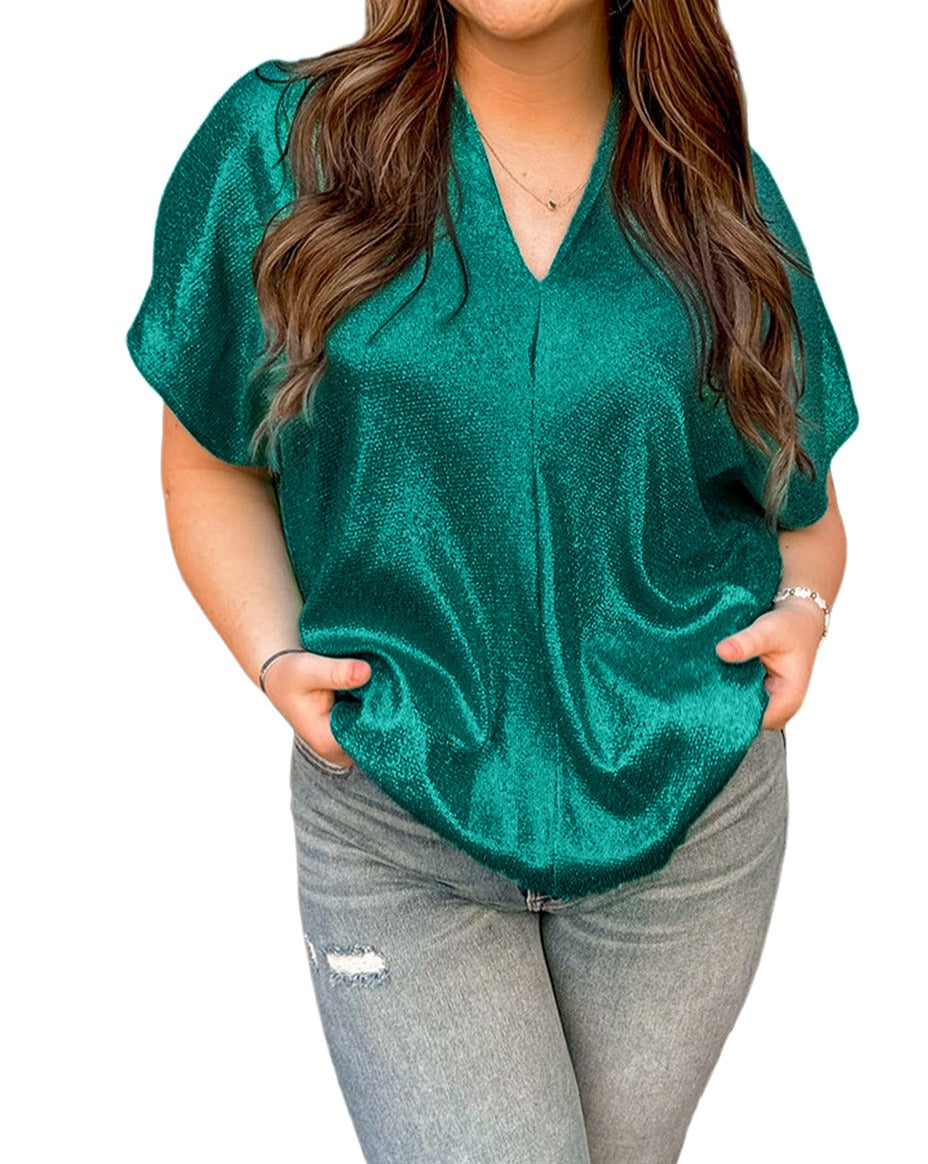 Metallic Short Sleeve V-Neck Tee Plus Size