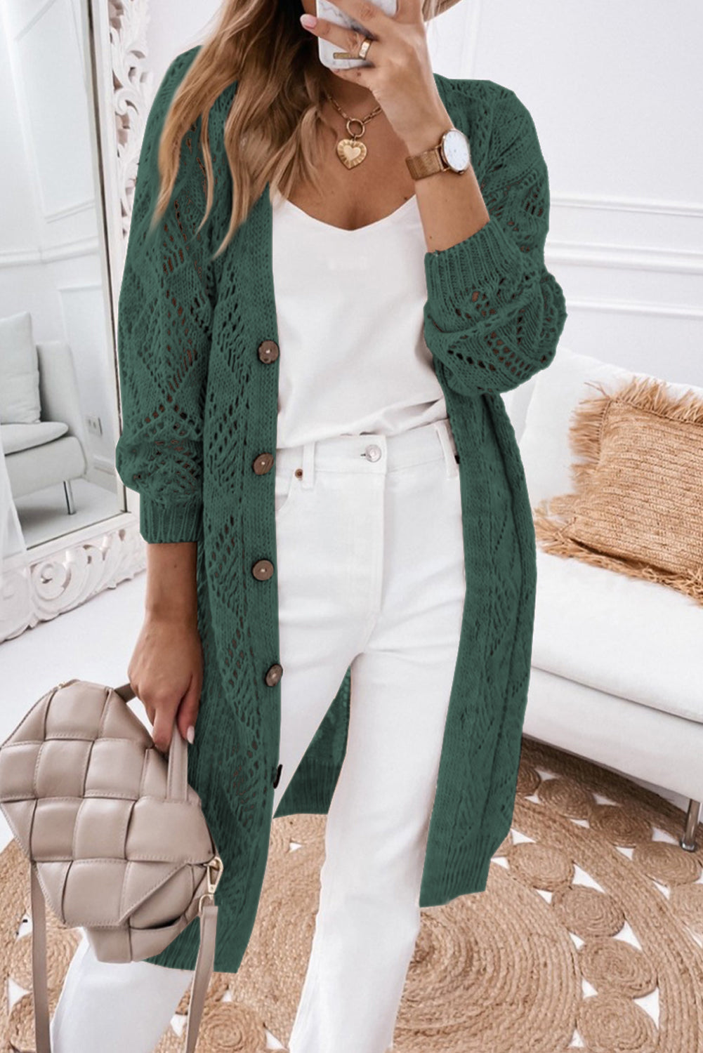 Pointelle Hollowed Button Front Cardigan