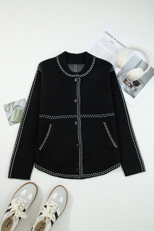 Contrast Trim Button-Up Sweater Cardigan