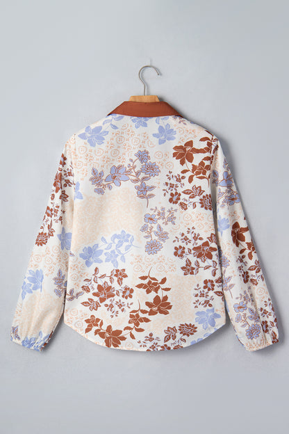Floral Colorblock Collared V-Neck Long Sleeve Blouse