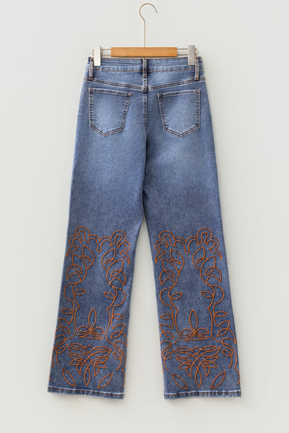 Denim Embroidered Flare Leg Jeans w/ Pockets