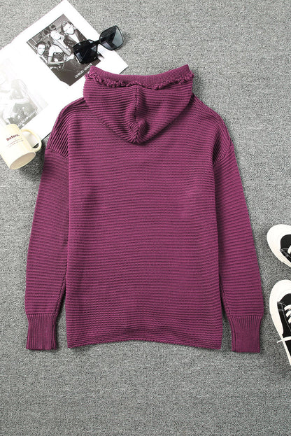 Ribbed Raw Edge Hooded Sweater