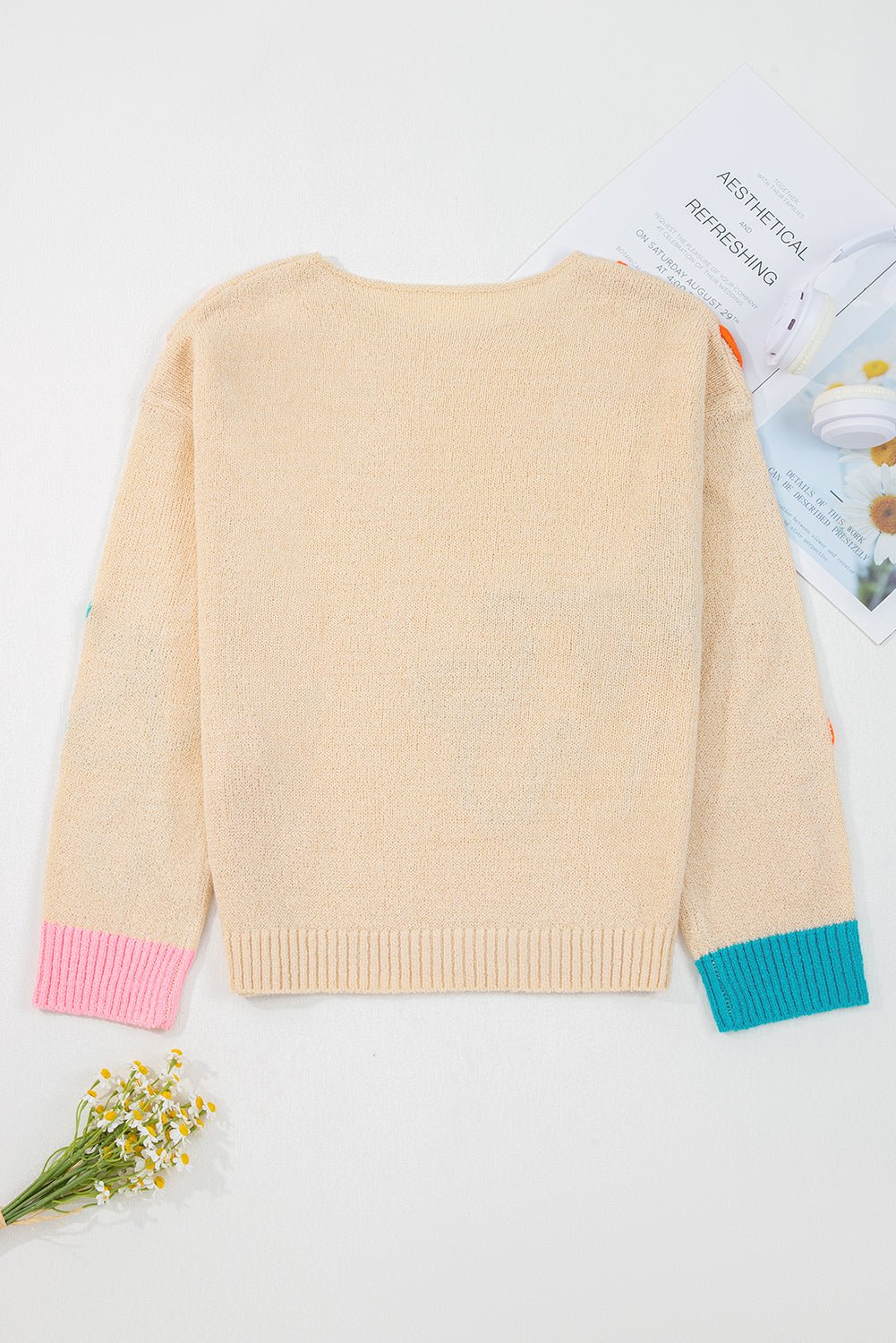 Colorblock Flower Cuffed Long Sleeve Sweater