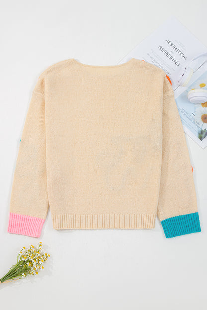 Colorblock Flower Cuffed Long Sleeve Sweater