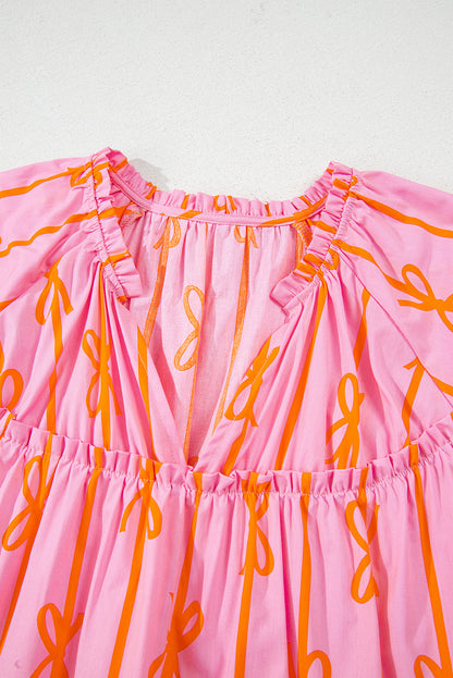 Plus Size Bow Tie V-Neck Puff Sleeve Blouse