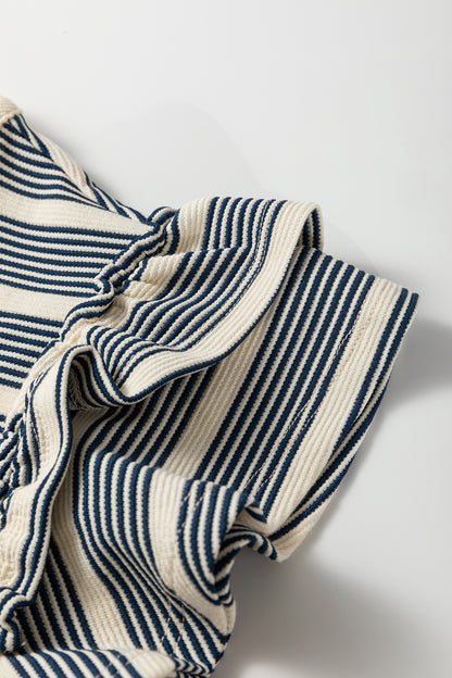 Stripe Ruffle Short Sleeve Contrast Trim Midi Dress