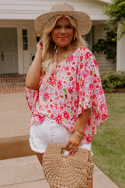 Floral Ruffled Half Sleeve V-Neck Plus Size Blouse