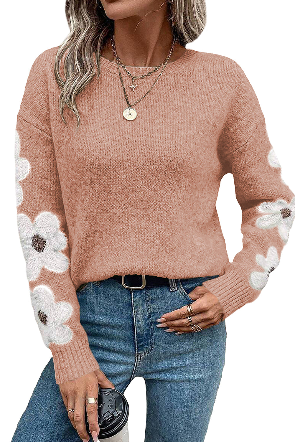 Floral Sleeve Drop Shoulder Sweater