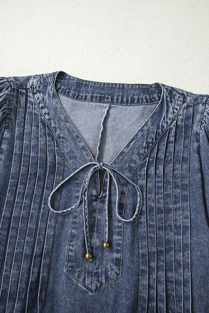 Denim 3/4 Sleeve Tied V-Neck Pleated Mini Dress