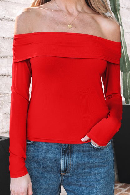 Solid Fold-Over Off-Shoulder Long Sleeve Top