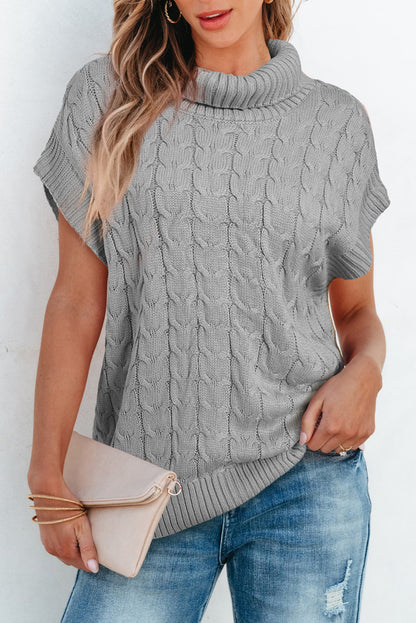 Cable Knit Turtleneck Batwing Short Sleeve Sweater