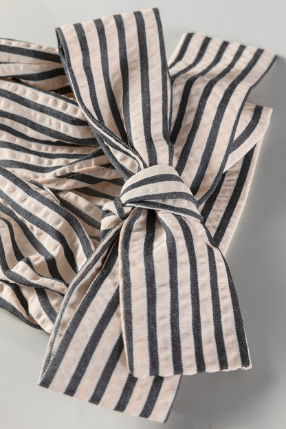 Stripe Knotted Cuff 3/4 Sleeve V-Neck Blouse